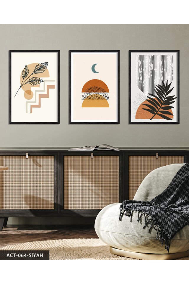Çiçek Soyut 3 Parça Ahşap Çerçeveli Tablo Siyah - 40 x 60 CM