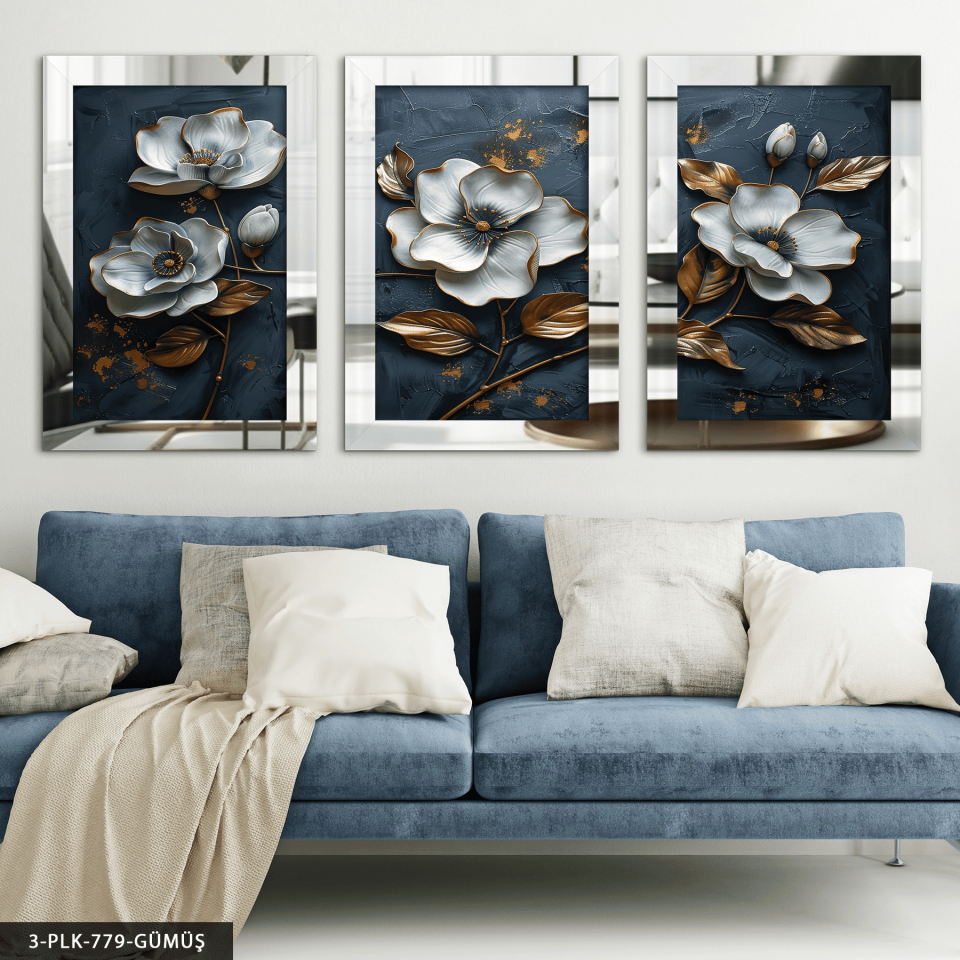 Eskitme Detaylı Gri Çiçek 3 Parça Pleksi Aynalı Tablo Gümüş - 40 x 60 CM
