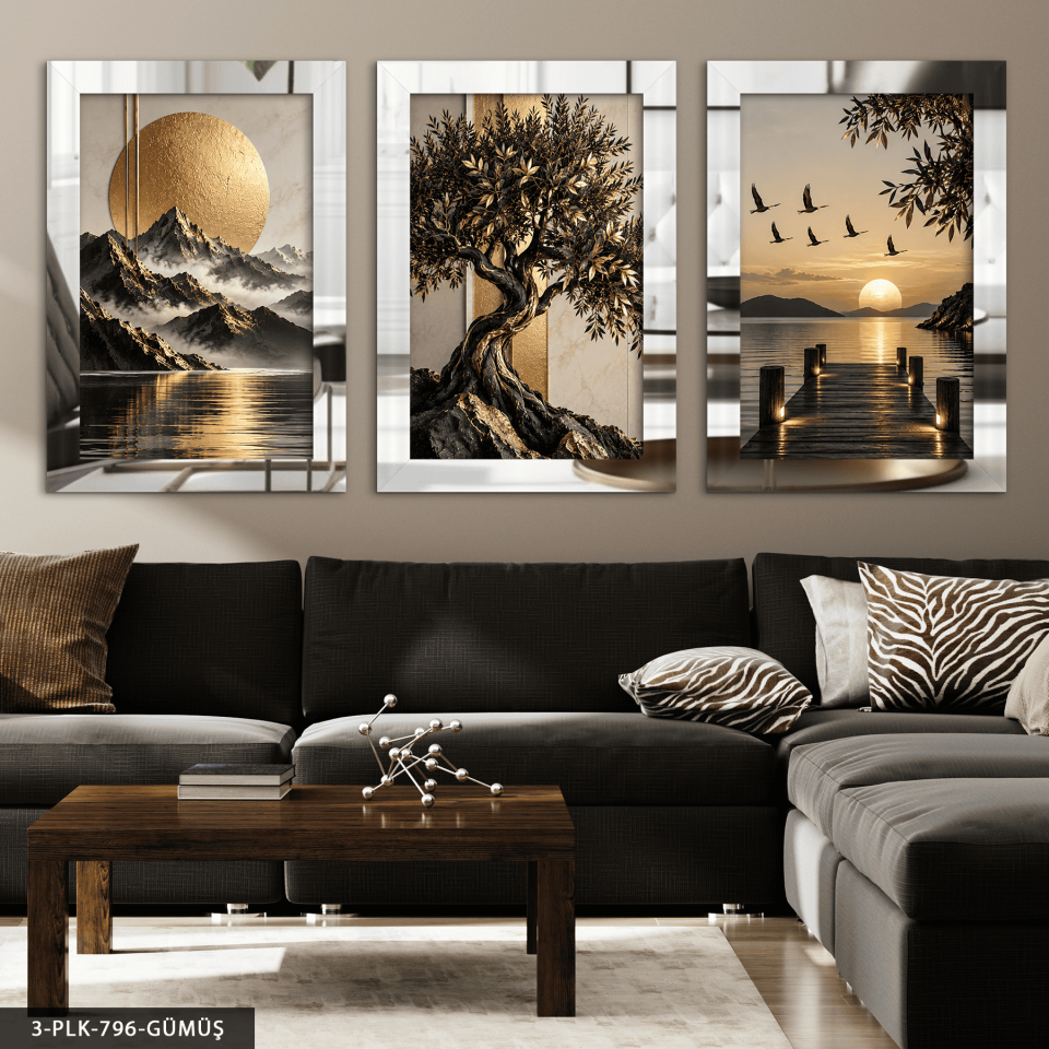 Ay Işığı Manzarası be Gold Ağaç 3 Parça Pleksi Aynalı Tablo Gümüş - 40 x 60 CM