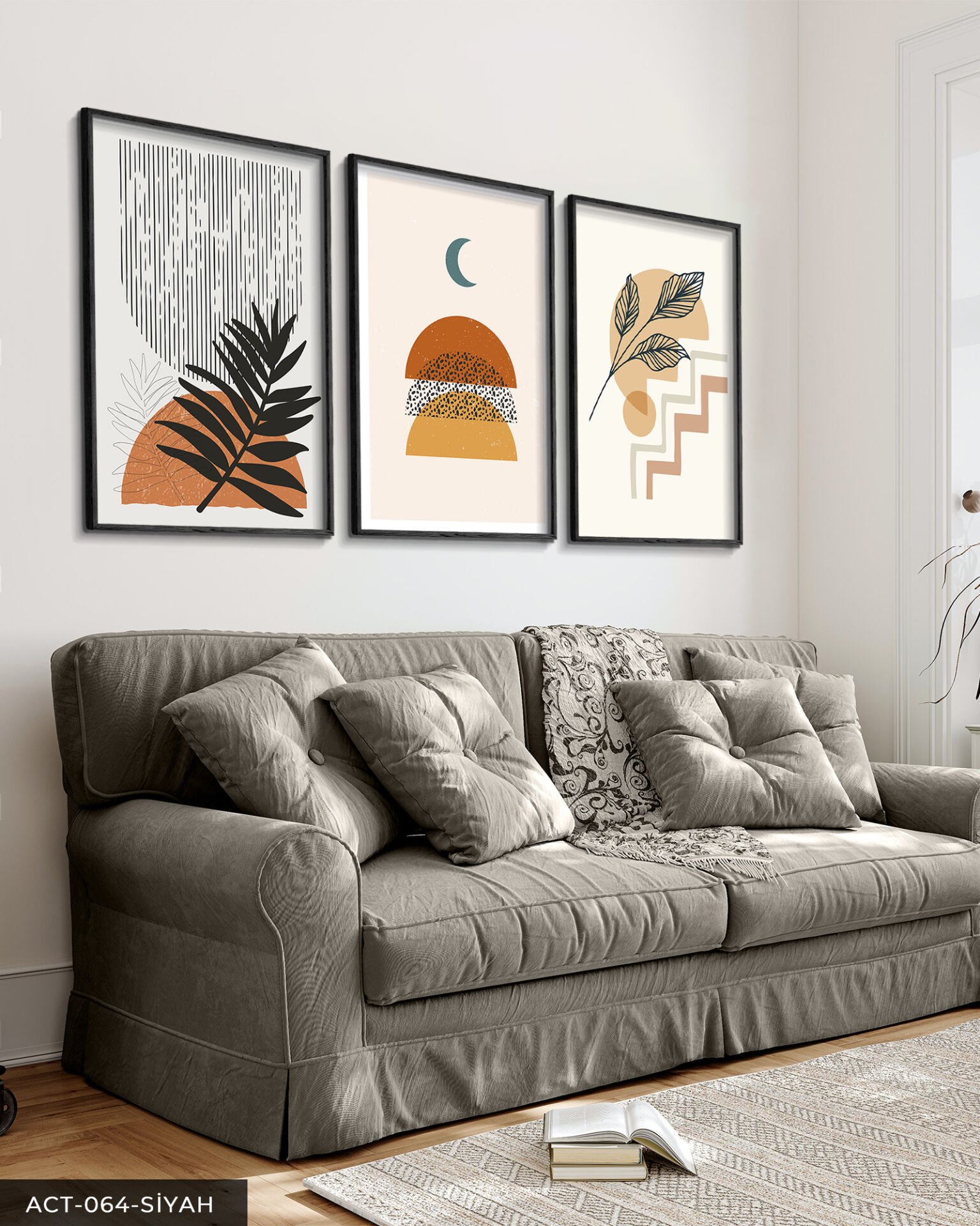 Çiçek Soyut 3 Parça Ahşap Çerçeveli Tablo Siyah - 40 x 60 CM