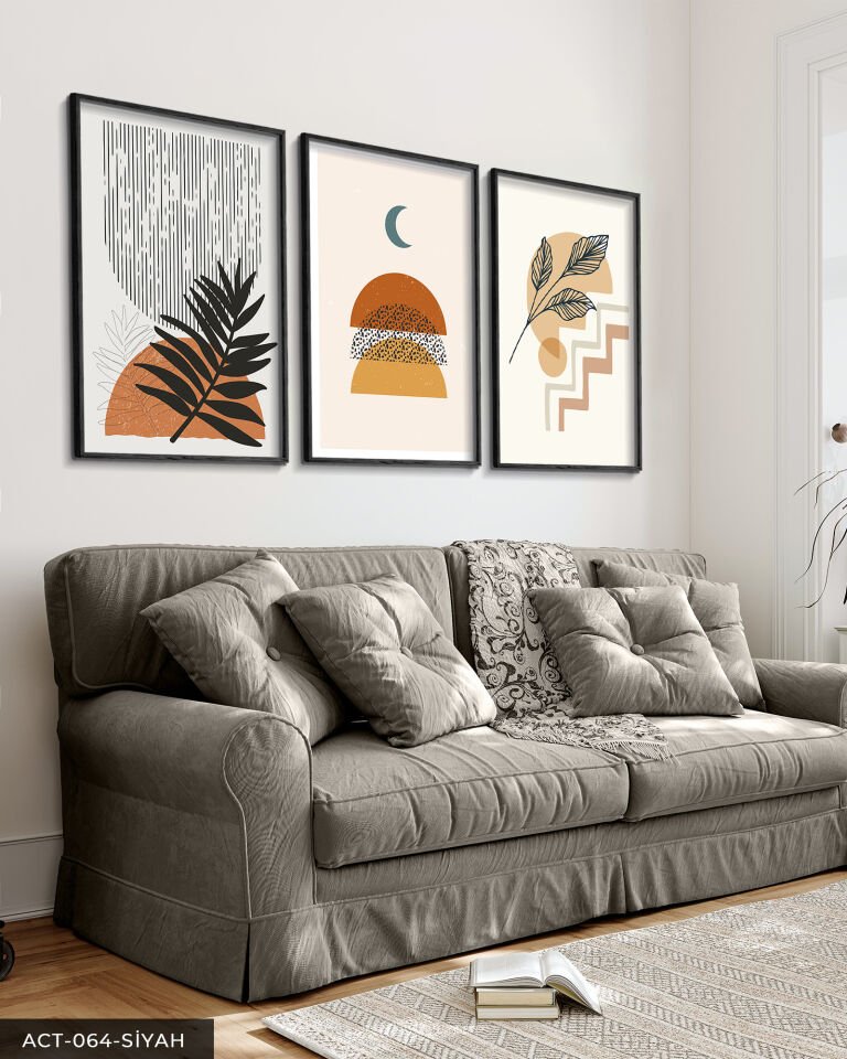 Çiçek Soyut 3 Parça Ahşap Çerçeveli Tablo Siyah - 40 x 60 CM