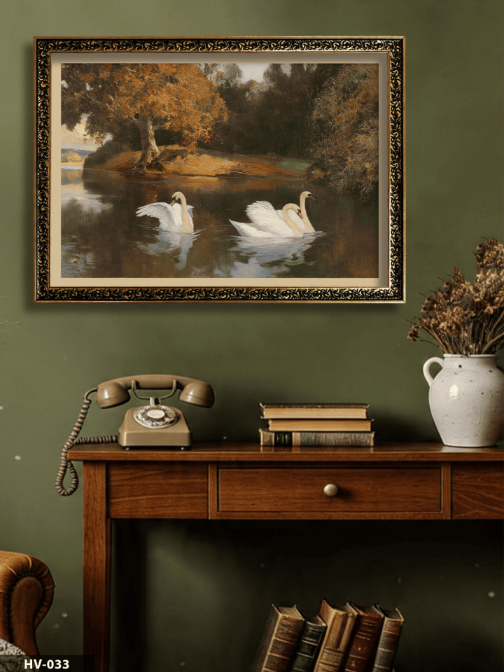 Göletteki Kuğular Vintage Desenli Premium Çerçeveli Tek Parça Tablo 75x55 CM HV