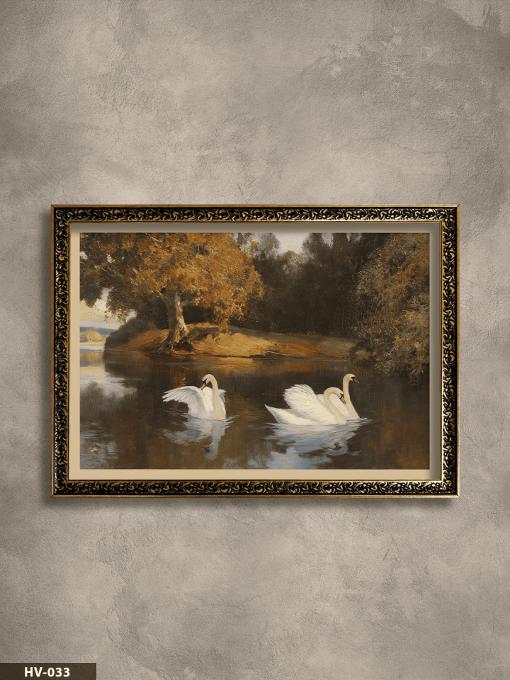 Göletteki Kuğular Vintage Desenli Premium Çerçeveli Tek Parça Tablo 75x55 CM HV