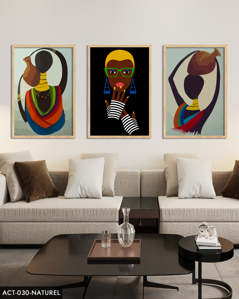 Etnik Afrikalı Kadınlar 3 Parça Ahşap Çerçeveli Tablo ACT Naturel - 30 x 40 CM