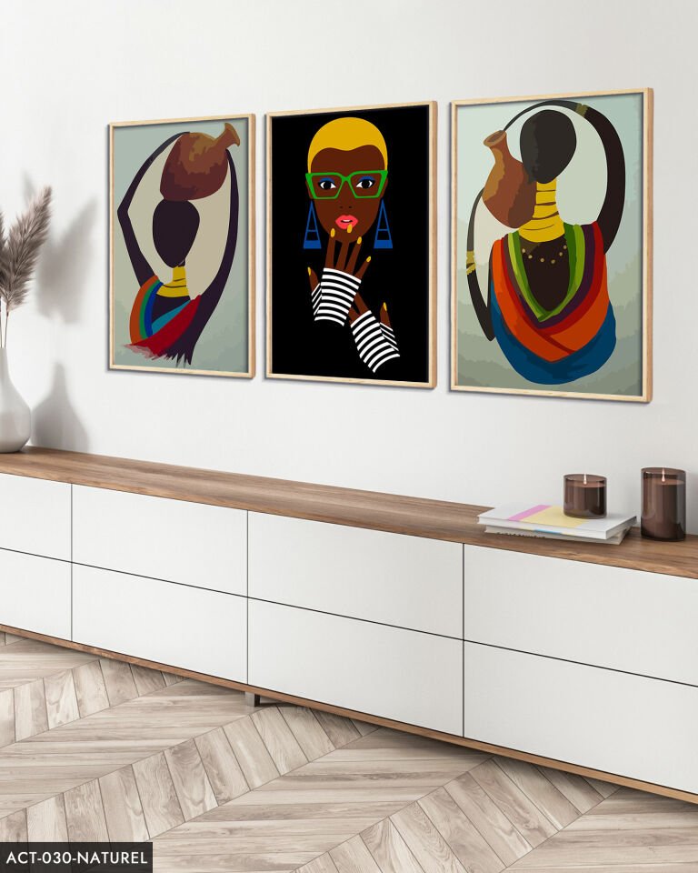 Etnik Afrikalı Kadınlar 3 Parça Ahşap Çerçeveli Tablo ACT Naturel - 30 x 40 CM