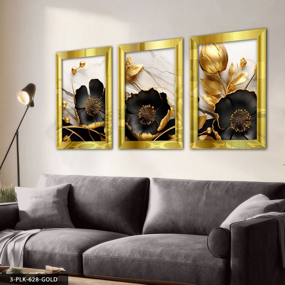 Gold Yapraklı Siyah Çiçek 3 Parça Pleksi Aynalı Tablo 60 x 80 CM - Gold