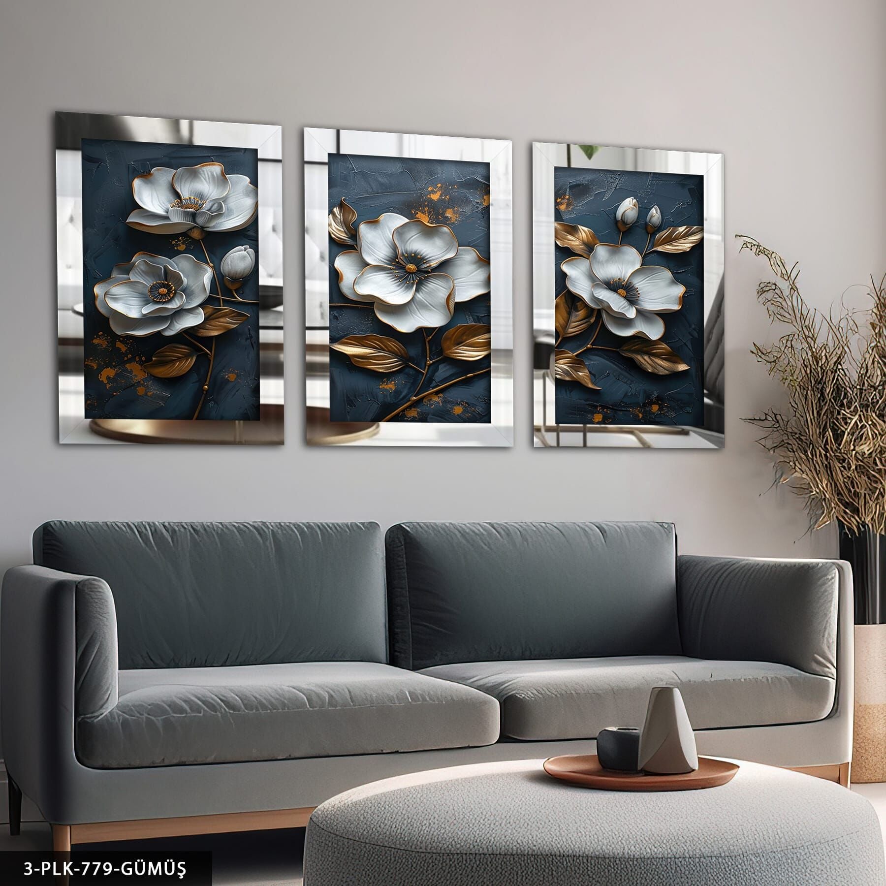 Eskitme Detaylı Gri Çiçek 3 Parça Pleksi Aynalı Tablo Gümüş - 50 x 70 CM