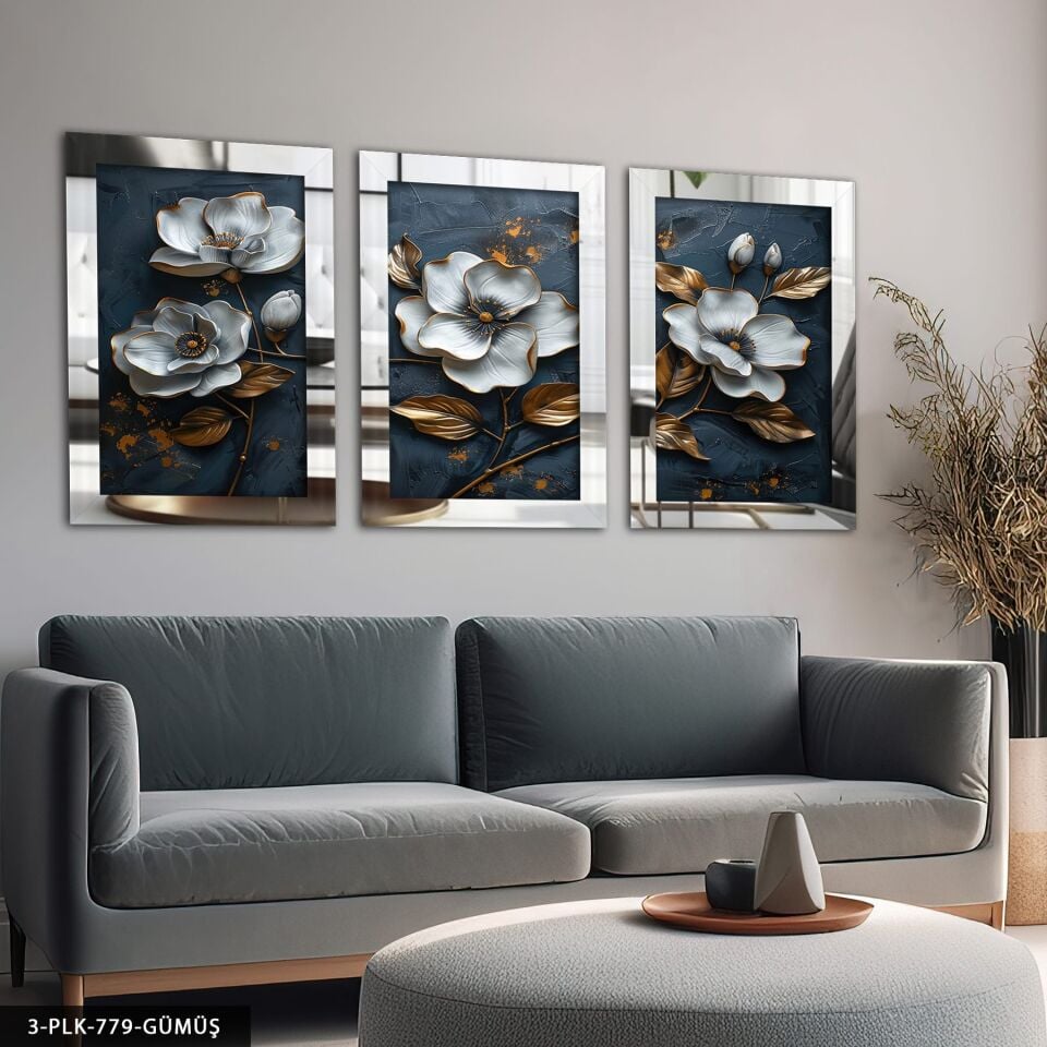 Eskitme Detaylı Gri Çiçek 3 Parça Pleksi Aynalı Tablo Gümüş - 50 x 70 CM
