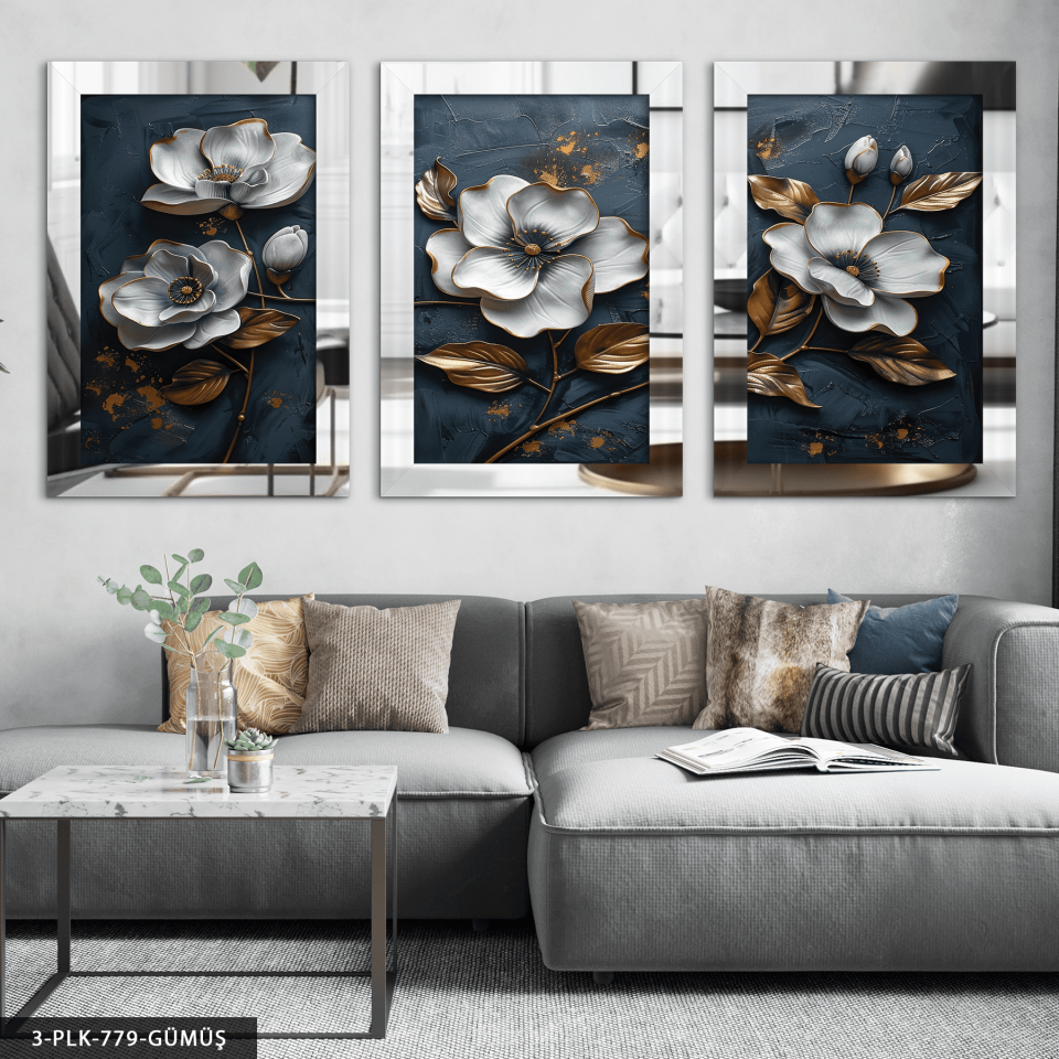 Eskitme Detaylı Gri Çiçek 3 Parça Pleksi Aynalı Tablo Gümüş - 50 x 70 CM