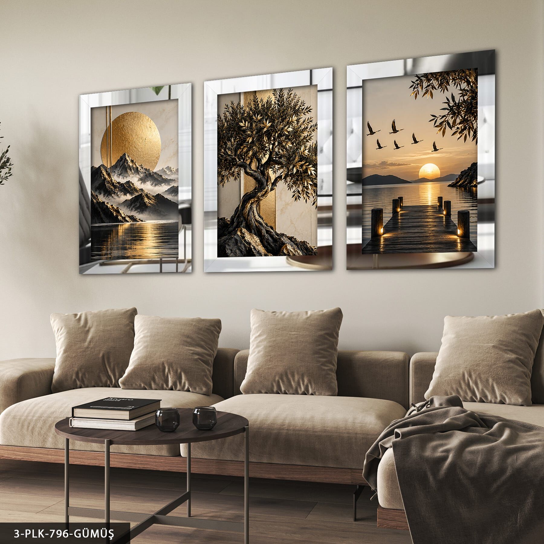 Ay Işığı Manzarası be Gold Ağaç 3 Parça Pleksi Aynalı Tablo Gümüş - 50 x 70 CM