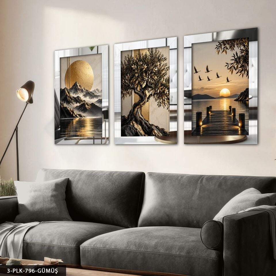 Ay Işığı Manzarası be Gold Ağaç 3 Parça Pleksi Aynalı Tablo Gümüş - 50 x 70 CM