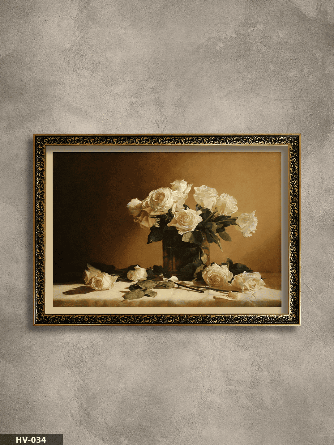 Vazoda Beyaz Güller Vintage Desenli Premium Çerçeveli Tek Parça Tablo 75x55 CM HV