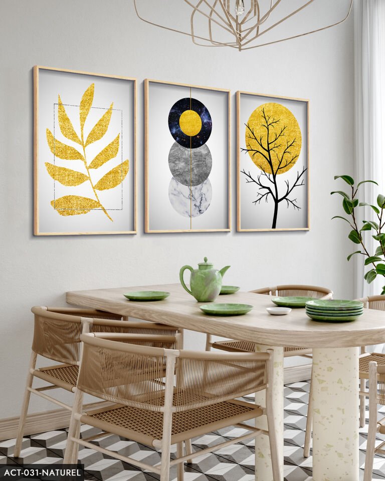 Gold Soyut Desenler 3 Parça Ahşap Çerçeveli Tablo ACT Naturel - 30 x 40 CM
