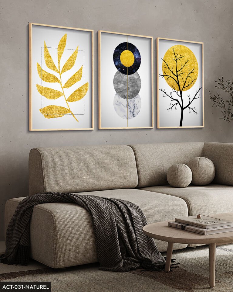 Gold Soyut Desenler 3 Parça Ahşap Çerçeveli Tablo ACT Naturel - 30 x 40 CM