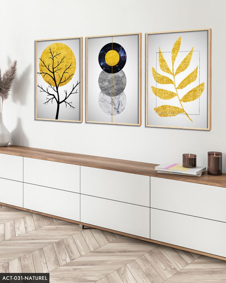 Gold Soyut Desenler 3 Parça Ahşap Çerçeveli Tablo ACT Naturel - 30 x 40 CM
