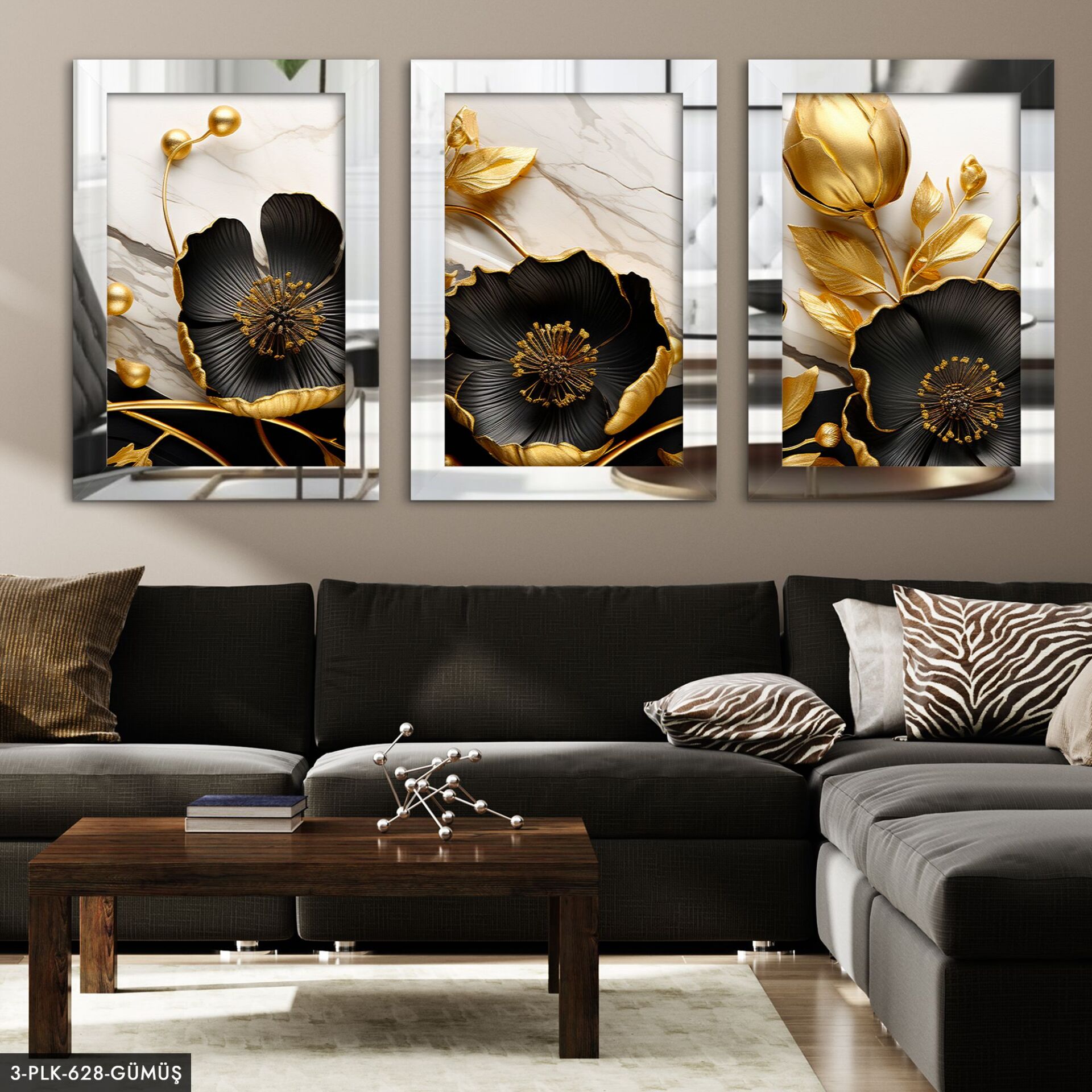 Gold Yapraklı Siyah Çiçek 3 Parça Pleksi Aynalı Tablo 60 x 80 CM - Gümüş