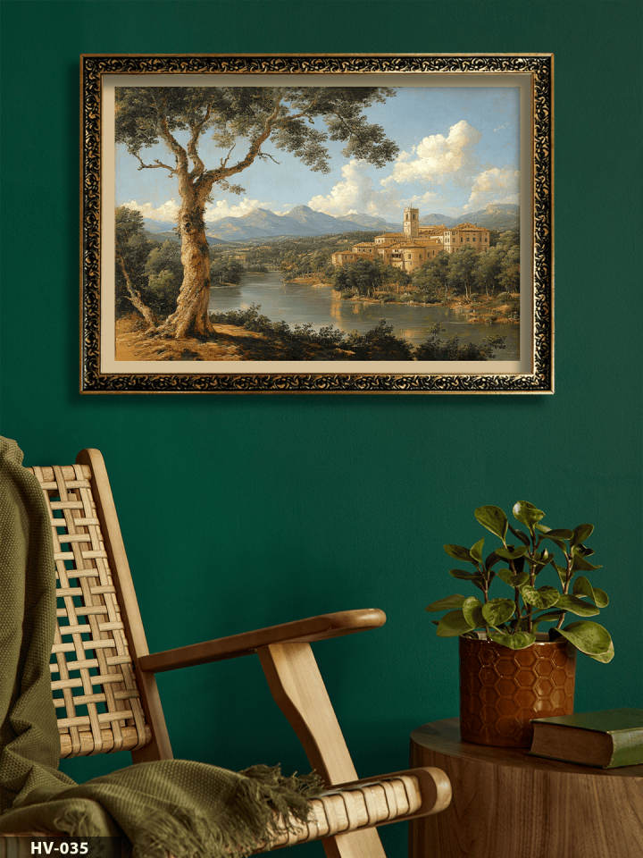 Göl Kenarında Kasaba Vintage Desenli Premium Çerçeveli Tek Parça Tablo 75x55 CM HV