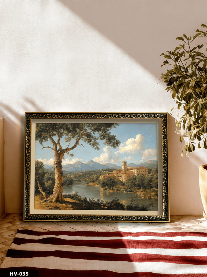 Göl Kenarında Kasaba Vintage Desenli Premium Çerçeveli Tek Parça Tablo 75x55 CM HV