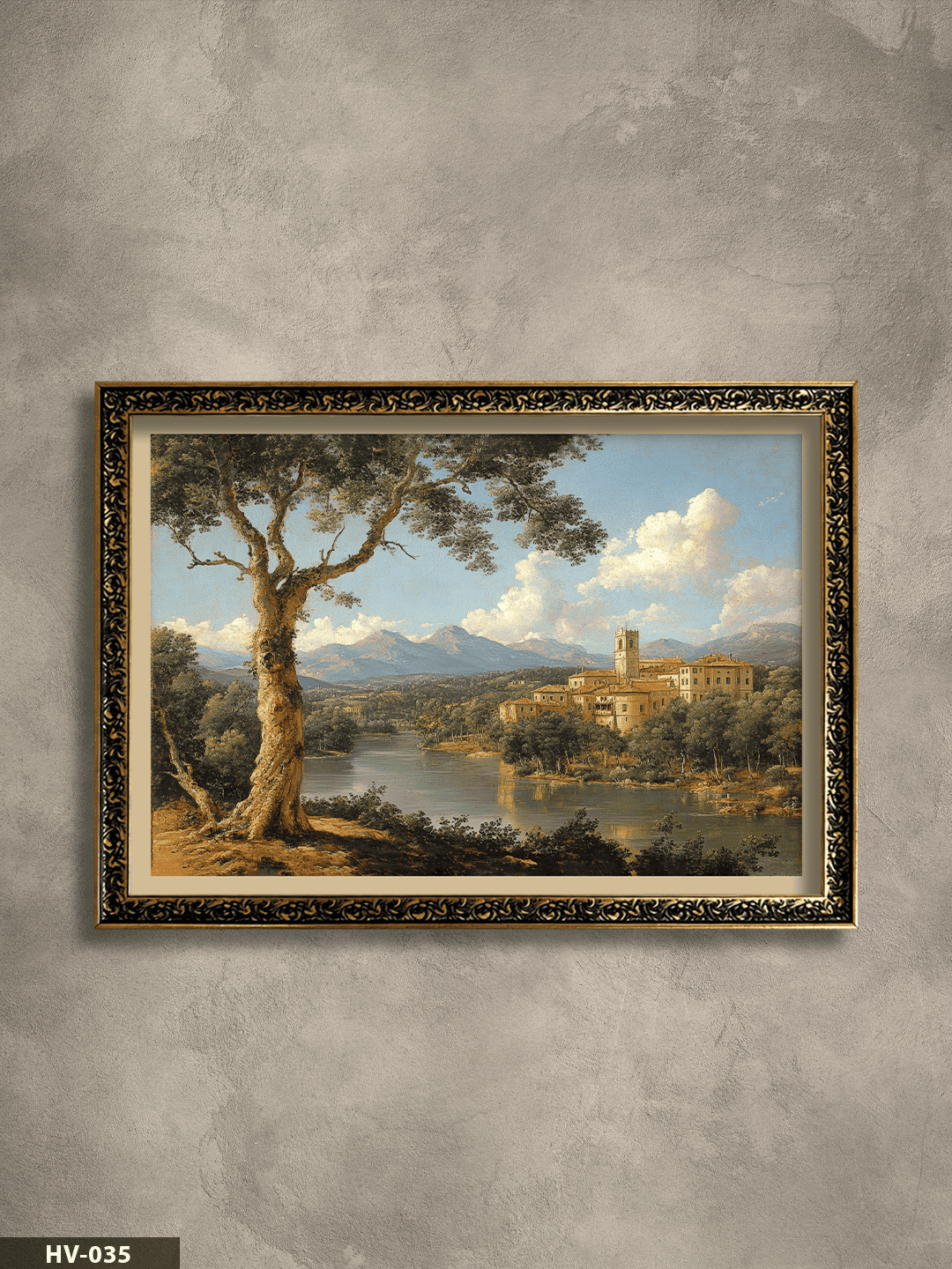 Göl Kenarında Kasaba Vintage Desenli Premium Çerçeveli Tek Parça Tablo 75x55 CM HV