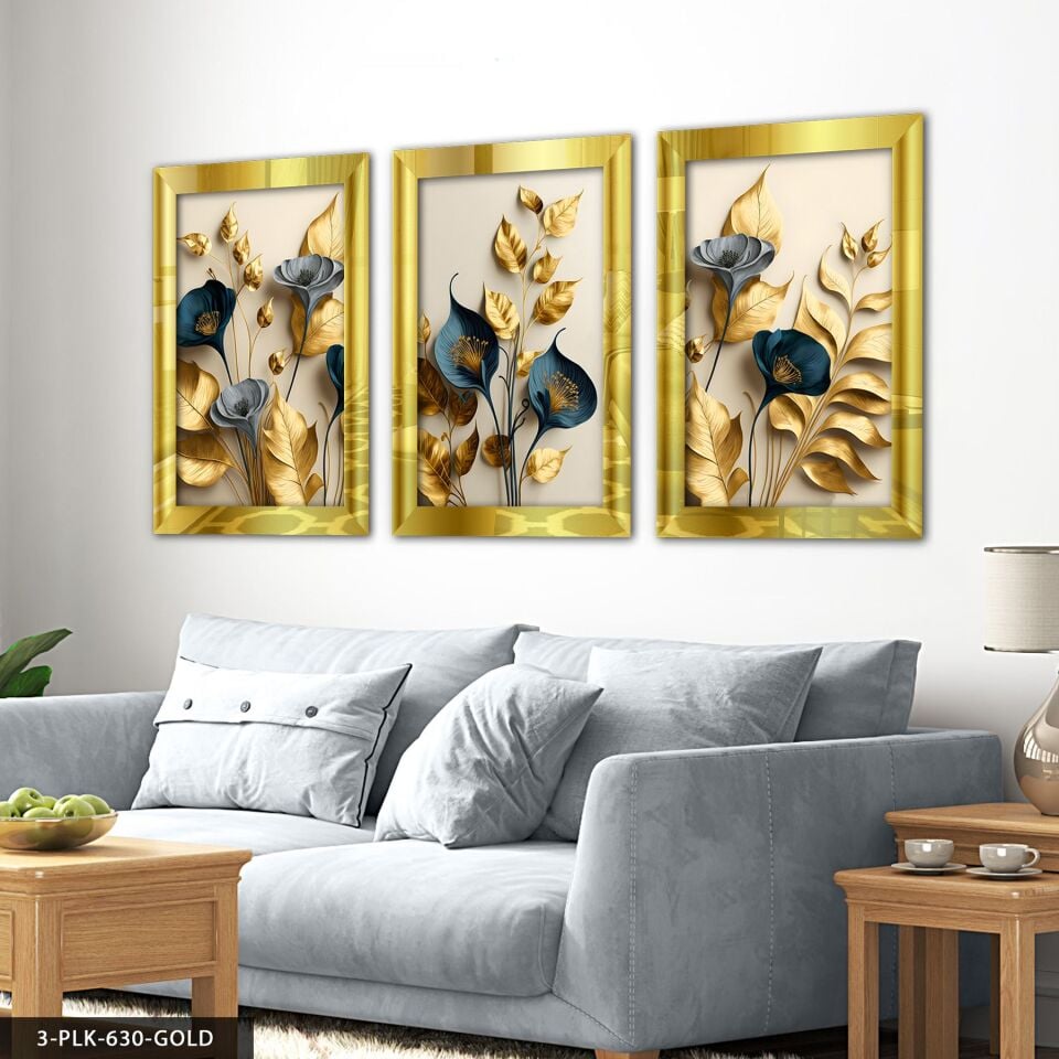 Zarif Altın ve Mavi Çiçekler 3 Parça Pleksi Aynalı Tablo 60 x 80 CM - Gold