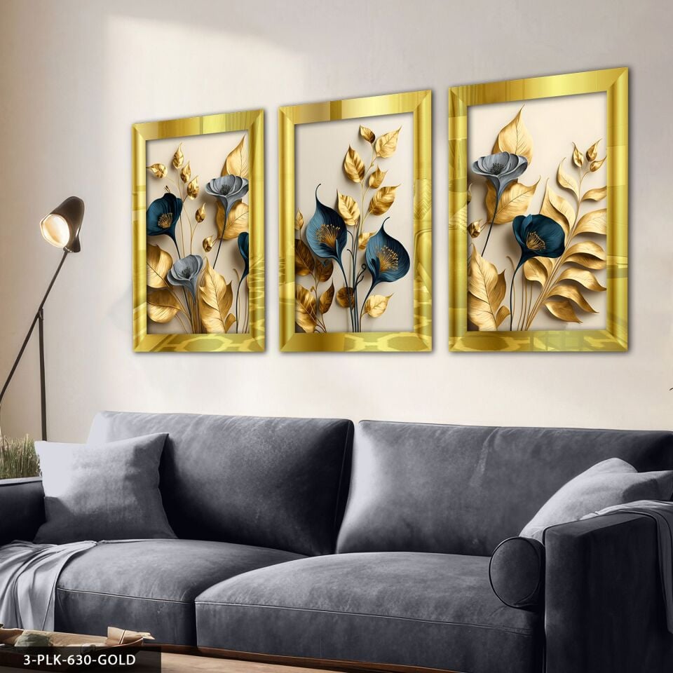 Zarif Altın ve Mavi Çiçekler 3 Parça Pleksi Aynalı Tablo 60 x 80 CM - Gold