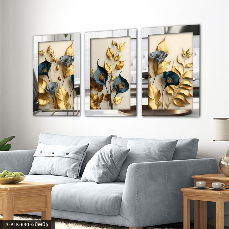 Zarif Altın ve Mavi Çiçekler 3 Parça Pleksi Aynalı Tablo 60 x 80 CM - Gümüş