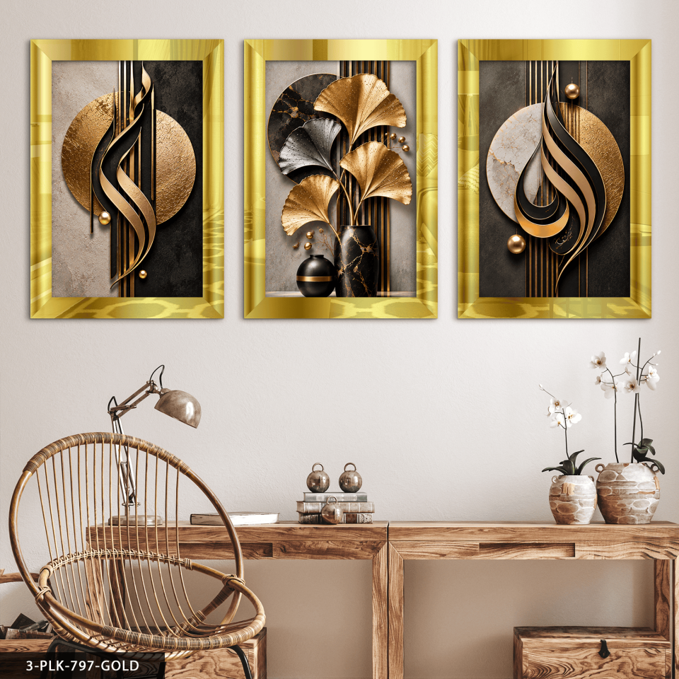 Siyah Gold Desenler ve Yaprak 3 Parça Pleksi Aynalı Tablo 30 x 40 CM - Gold