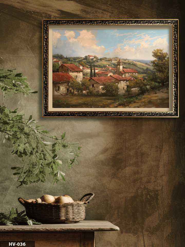 Köy Manzarası Vintage Desenli Premium Çerçeveli Tek Parça Tablo 75x55 CM HV