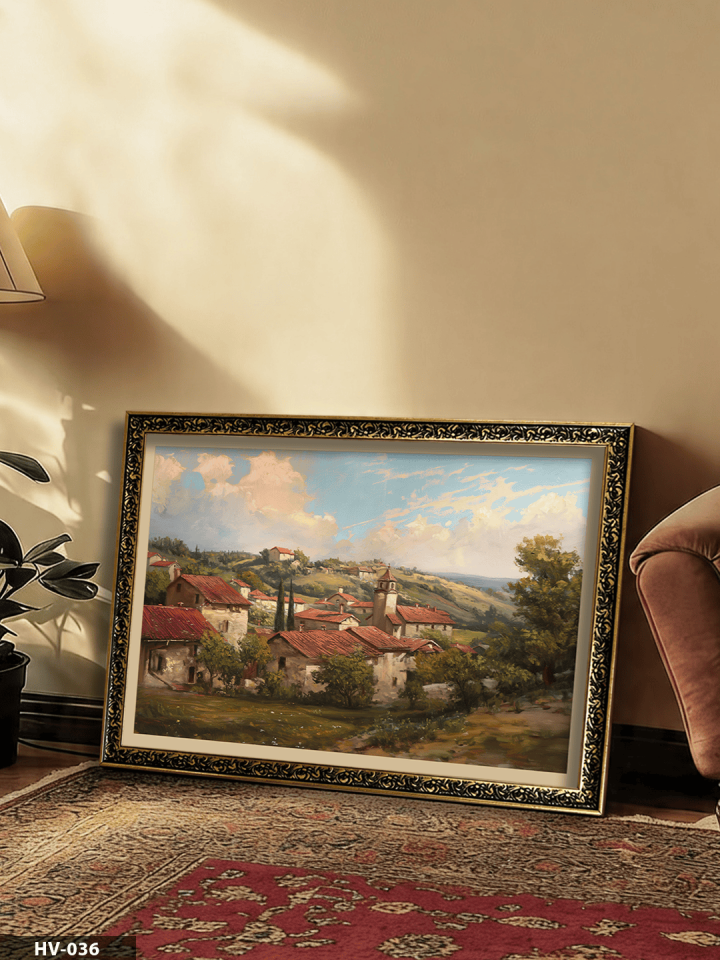 Köy Manzarası Vintage Desenli Premium Çerçeveli Tek Parça Tablo 75x55 CM HV