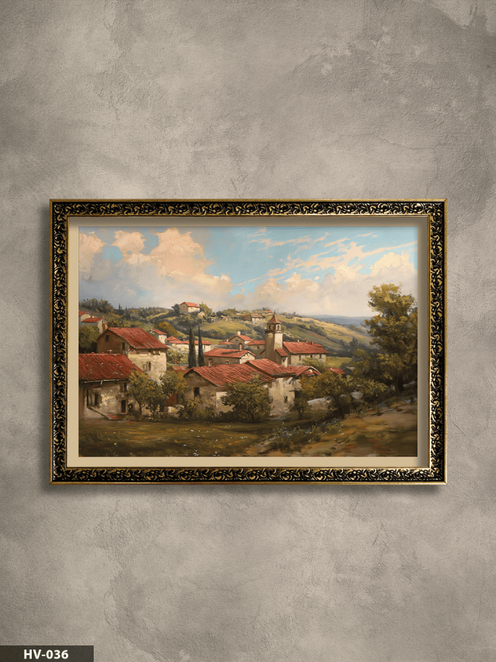 Köy Manzarası Vintage Desenli Premium Çerçeveli Tek Parça Tablo 75x55 CM HV