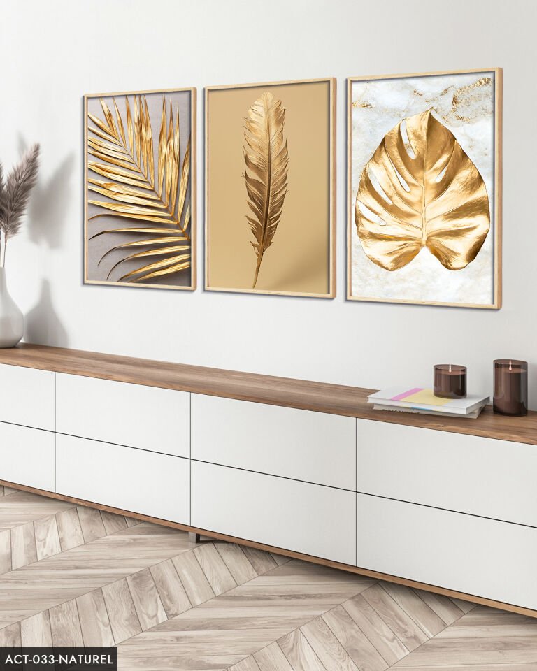 Gold Yaprak Tüy 3 Parça Ahşap Çerçeveli Tablo ACT Naturel - 30 x 40 CM