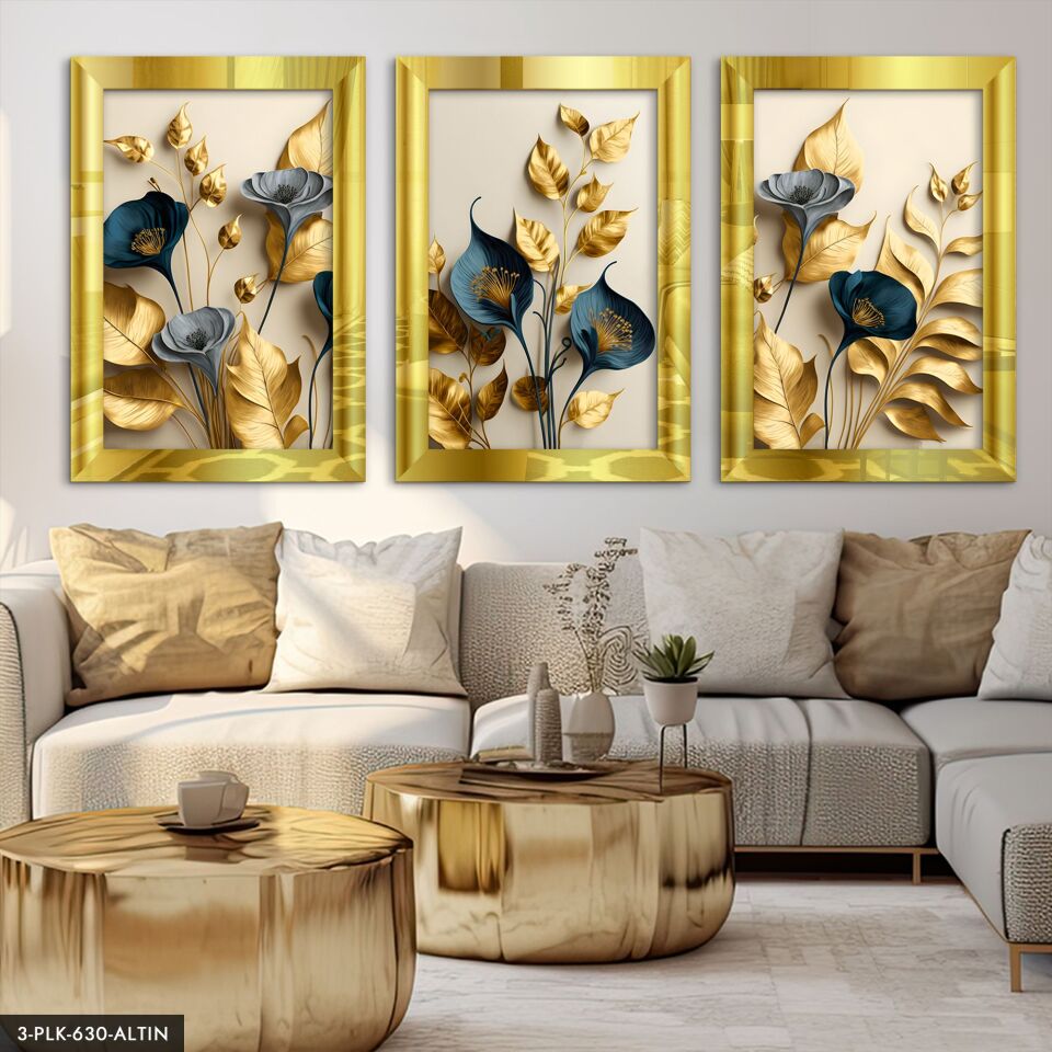 Zarif Altın ve Mavi Çiçekler 3 Parça Pleksi Aynalı Tablo 60 x 80 CM - Gold