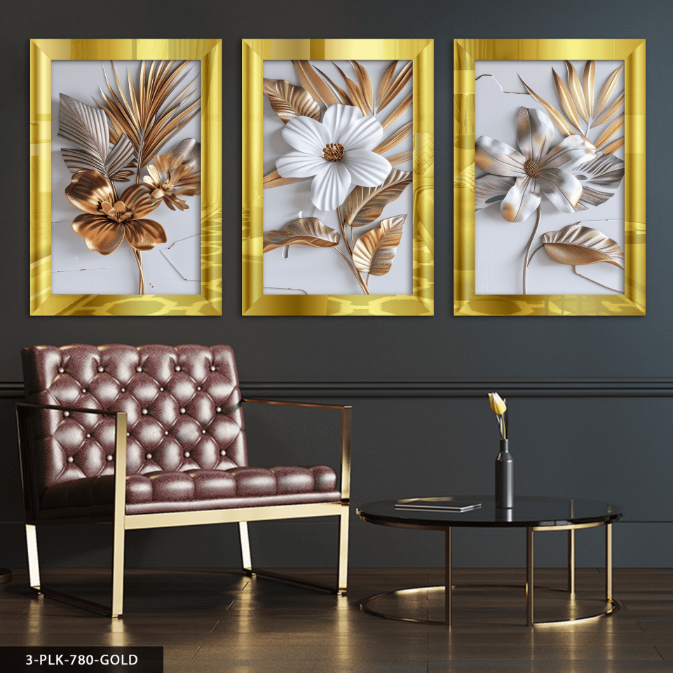 Dokulu Görünüm Beyaz Çiçek 3 Parça Pleksi Aynalı Tablo 40 x 60 CM - Gold