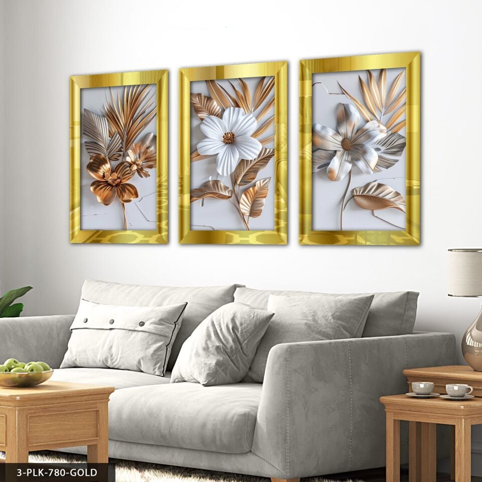 Dokulu Görünüm Beyaz Çiçek 3 Parça Pleksi Aynalı Tablo 40 x 60 CM - Gold