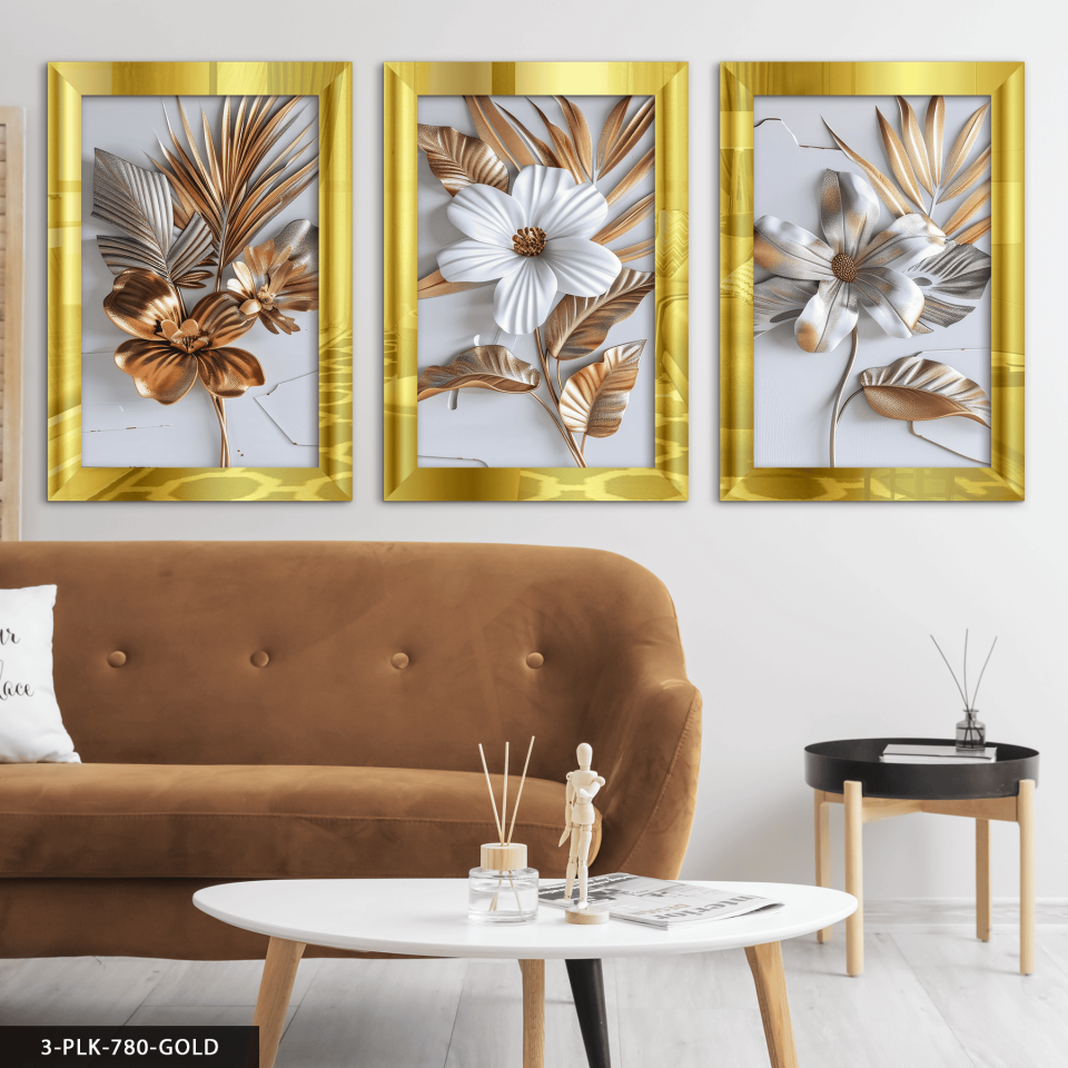 Dokulu Görünüm Beyaz Çiçek 3 Parça Pleksi Aynalı Tablo 40 x 60 CM - Gold