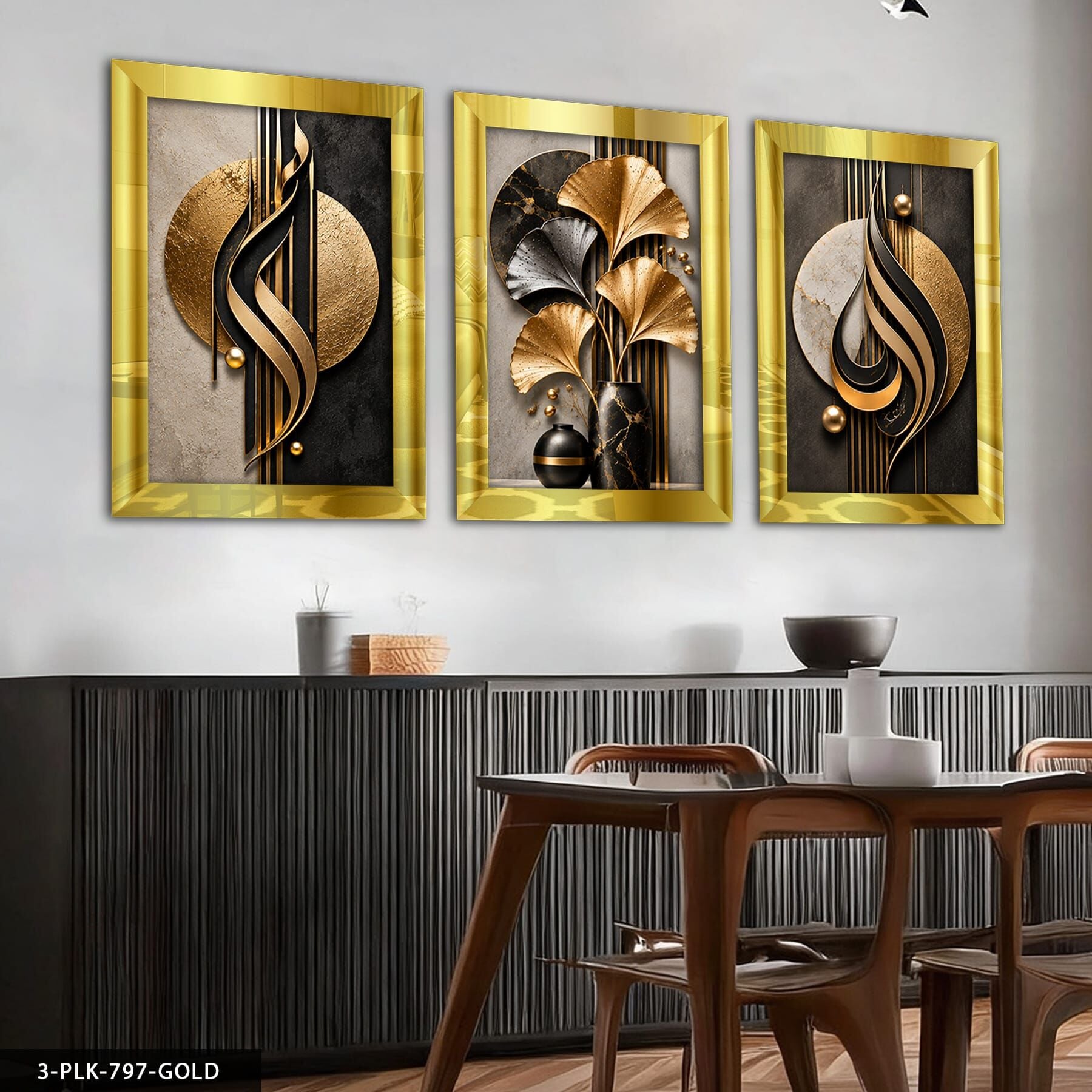 Siyah Gold Desenler ve Yaprak 3 Parça Pleksi Aynalı Tablo 40 x 60 CM - Gold