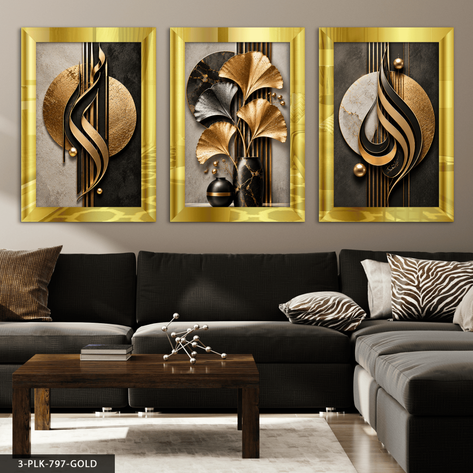 Siyah Gold Desenler ve Yaprak 3 Parça Pleksi Aynalı Tablo 40 x 60 CM - Gold