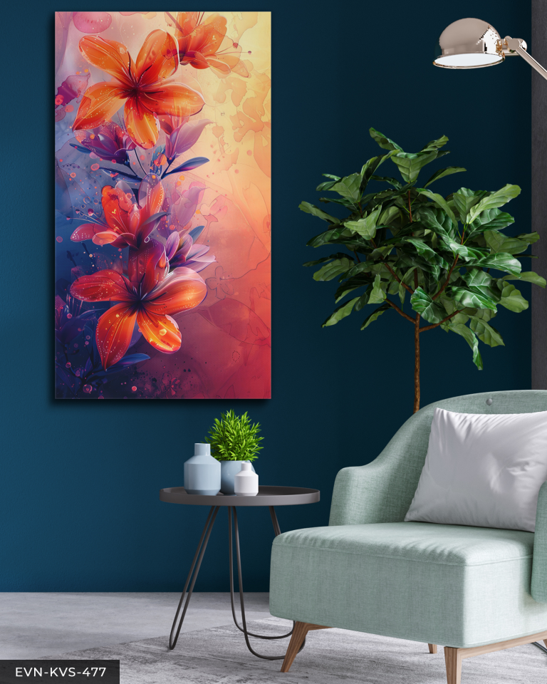 Sulu Boya Görünümlü Turuncu Çiçek Tek Parça Kanvas - Canvas Tablo 140 x 90 CM - Çok Renkli