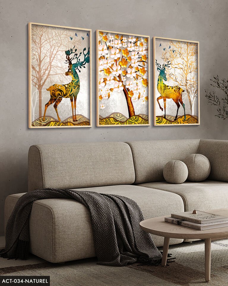 Renkli Geyik, Renkli Ağaç 3 Parça Ahşap Çerçeveli Tablo ACT Naturel - 30 x 40 CM