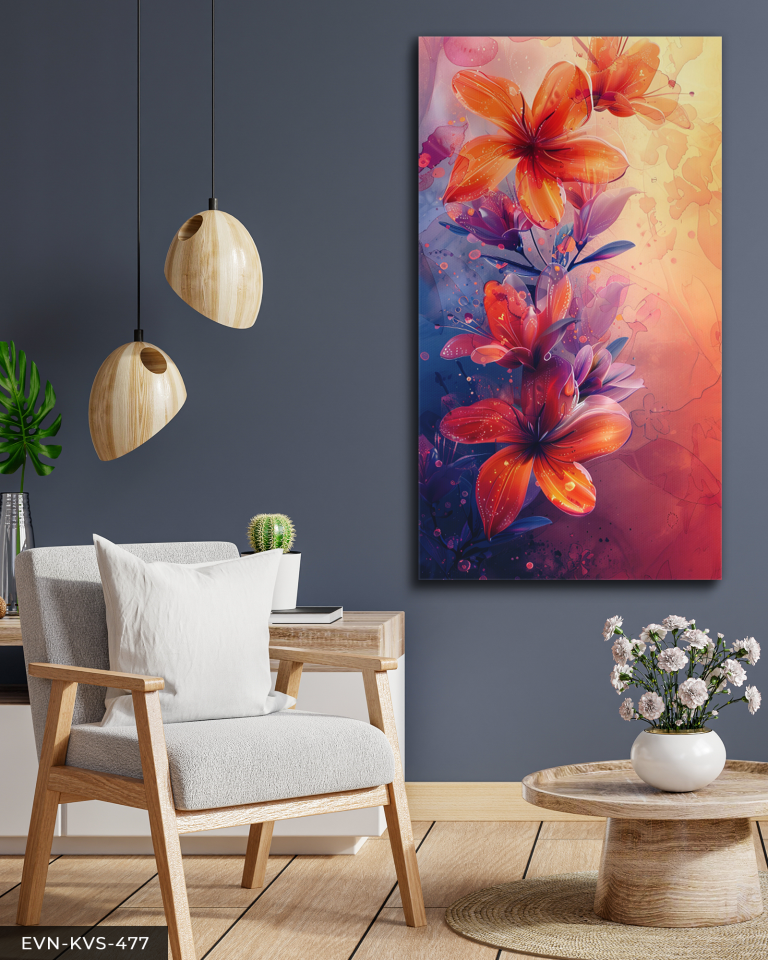 Sulu Boya Görünümlü Turuncu Çiçek Tek Parça Kanvas - Canvas Tablo 140 x 90 CM - Çok Renkli