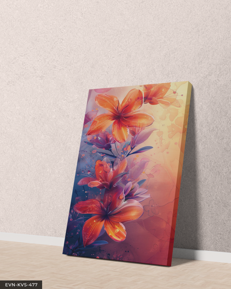 Sulu Boya Görünümlü Turuncu Çiçek Tek Parça Kanvas - Canvas Tablo 140 x 90 CM - Çok Renkli