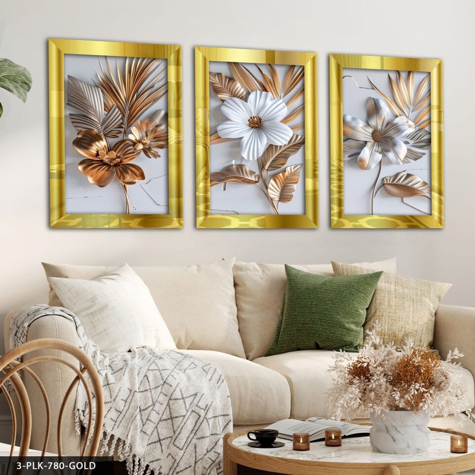 Dokulu Görünüm Beyaz Çiçek 3 Parça Pleksi Aynalı Tablo 50 x 70 CM - Gold