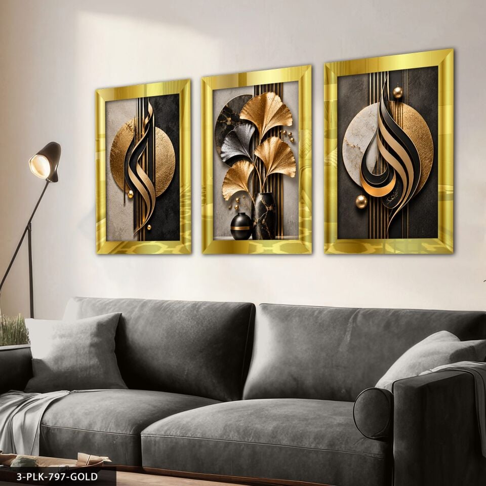 Siyah Gold Desenler ve Yaprak 3 Parça Pleksi Aynalı Tablo 50 x 70 CM - Gold