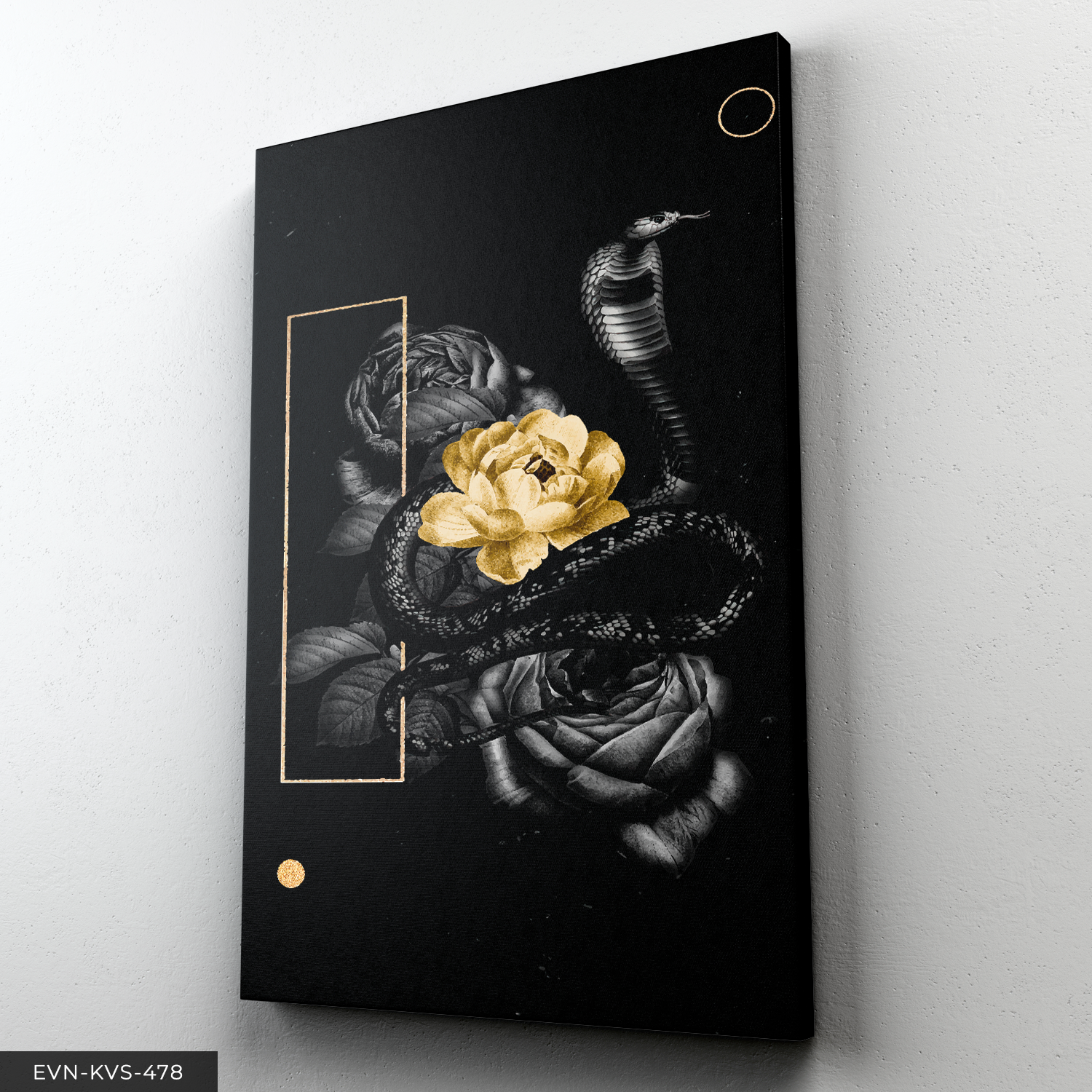 Gold Gül ve Yılan Tek Parça Kanvas - Canvas Tablo 140 x 90 CM - Çok Renkli