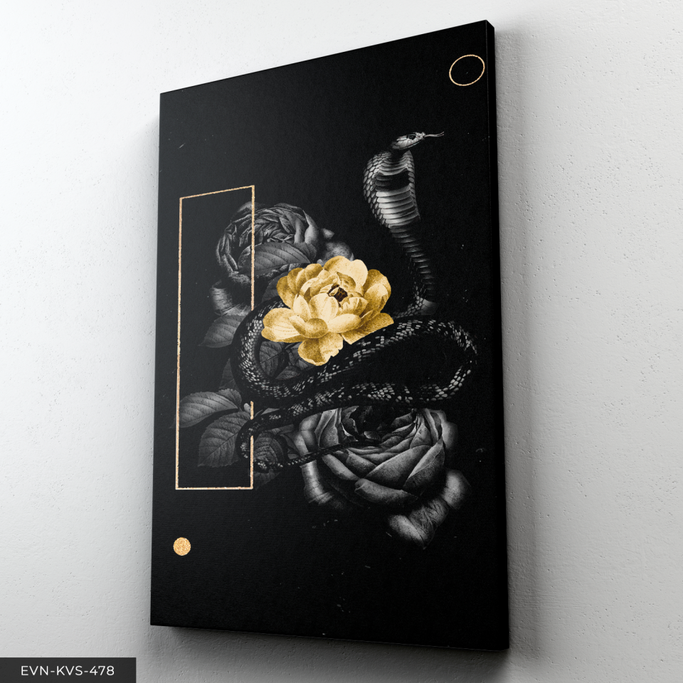 Gold Gül ve Yılan Tek Parça Kanvas - Canvas Tablo 140 x 90 CM - Çok Renkli