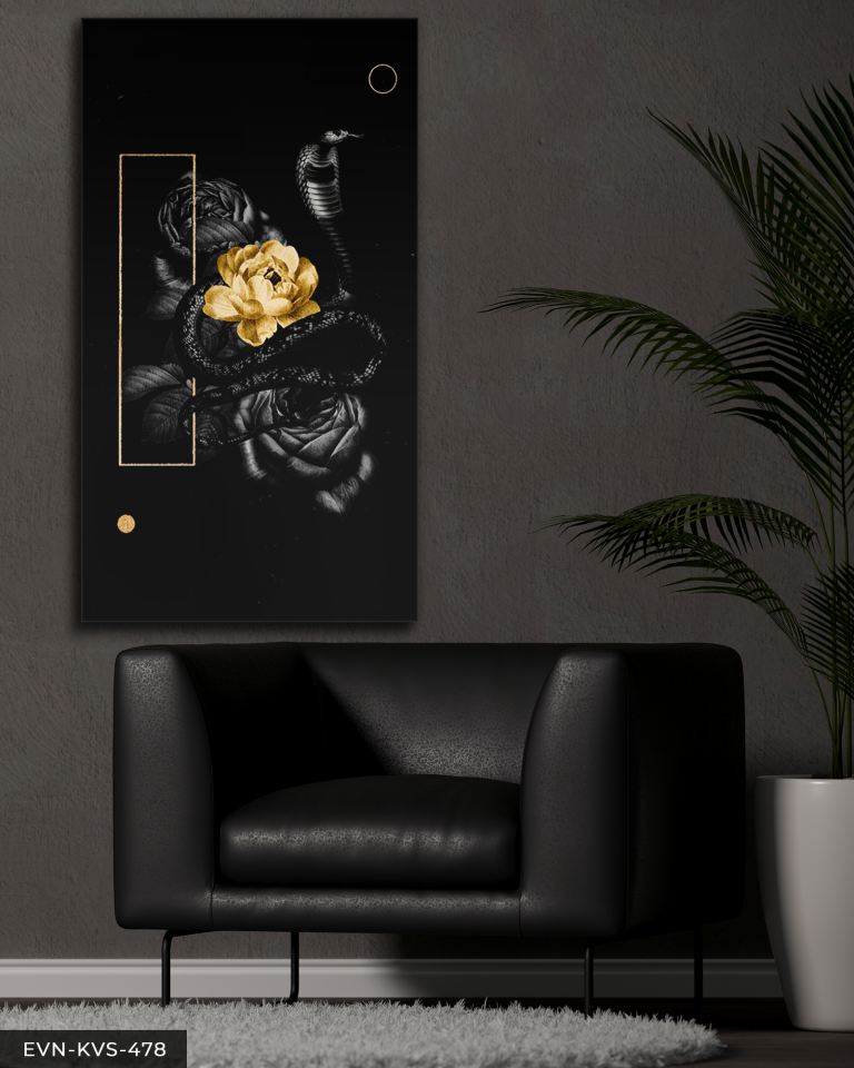 Gold Gül ve Yılan Tek Parça Kanvas - Canvas Tablo 140 x 90 CM - Çok Renkli