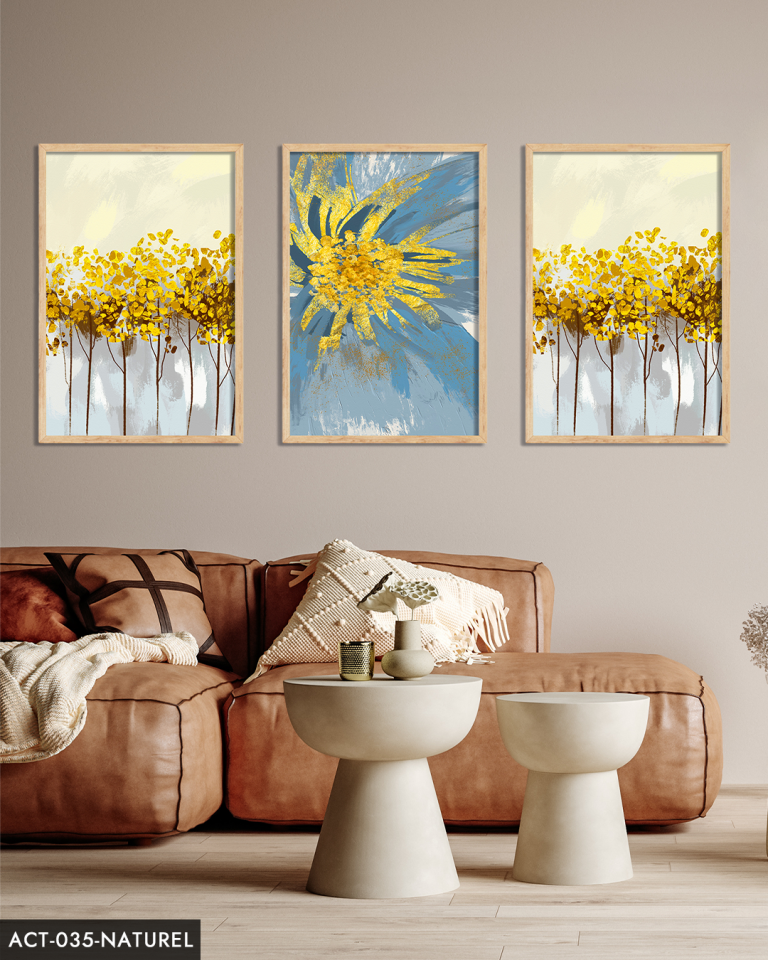Mavi Çiçek Sulu Boya Görünümlü 3 Parça Ahşap Çerçeveli Tablo ACT Naturel - 30 x 40 CM
