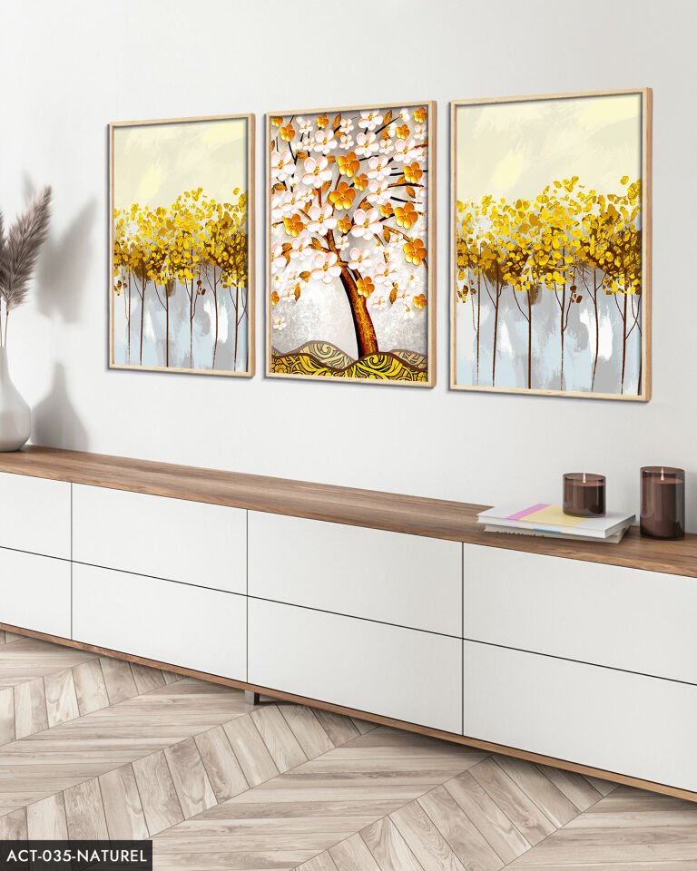 Mavi Çiçek Sulu Boya Görünümlü 3 Parça Ahşap Çerçeveli Tablo ACT Naturel - 30 x 40 CM