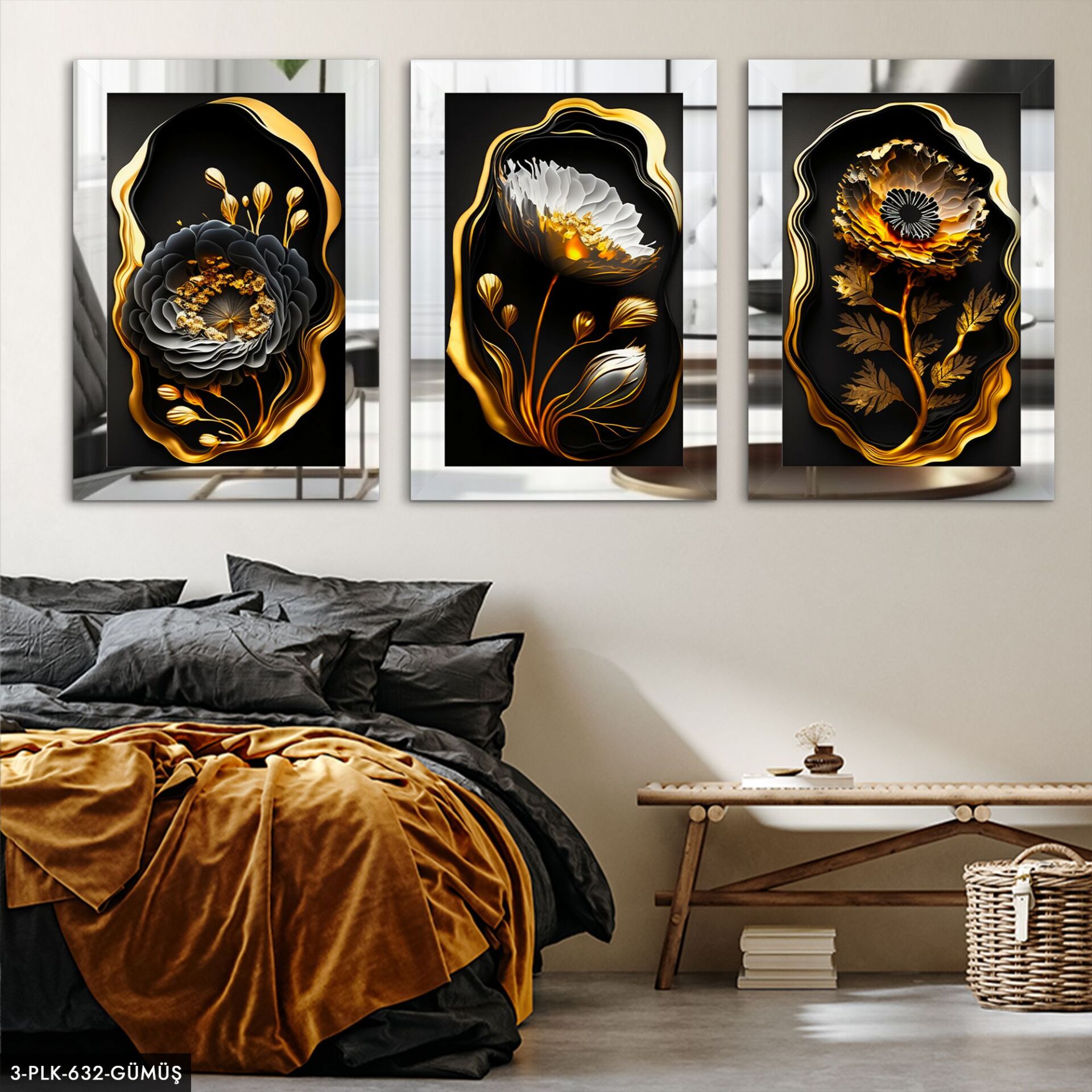 Çiçekler 3 Parça Pleksi Aynalı Tablo 60 x 80 CM - Gümüş