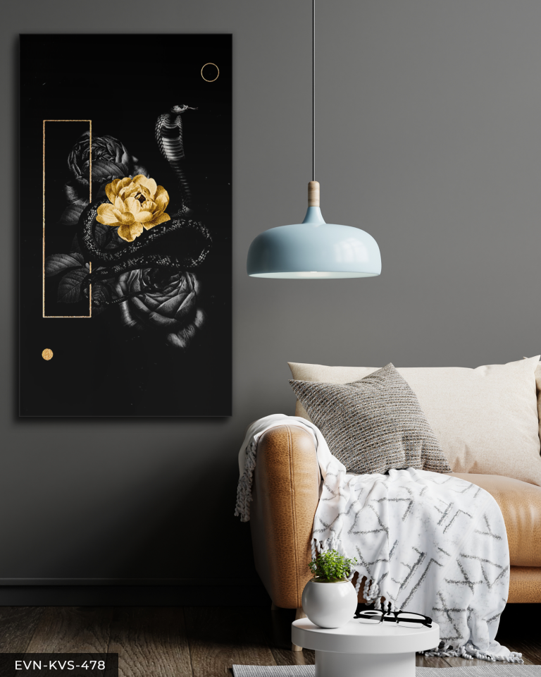 Gold Gül ve Yılan Tek Parça Kanvas - Canvas Tablo 140 x 90 CM - Çok Renkli